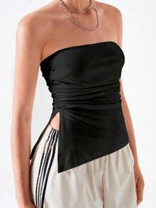 Top strapless asimétrico, 2 piezas Blanco y Negro, chic, fashion, con aberturas en los costados, básico, elegante, casual, uso diario, ideal para tí. - Negro y Blanco - Ver 5