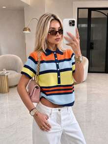 FOR BEAUTY Summer Y2K Women's Multi-Color Striped Knit Polo Top, Short Sleeve Front Button Ribbed Pullover, Preppy Casual Streetwear Style, Daily Wear - Orange and Blue - View 5