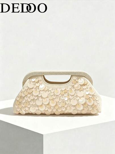 Dedoo Women's Clutch Evening Bag, Round Sequin Decoration, Linen Fabric, Hollow Handle Kiss Lock, Portable Storage, Luxury Elegant Style, Suitable For Party Banquet Women