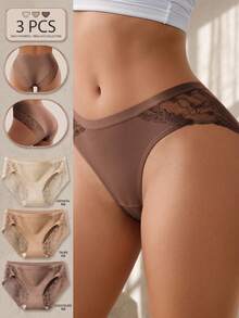 3 Packs Women's Mid Rise Lace Panties, Soft Stretch Breathable Full Coverage Briefs, Comfortable Everyday Underwear With Floral Lace Sides, S-XXL Daily - Multicolor - View 2