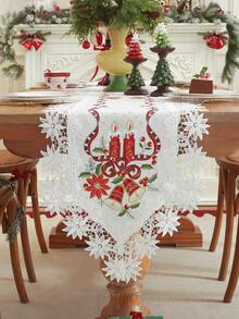 ABEST6522 Home&Living store Christmas Embroidered Lace Table Runner, Hollow Out Design, Candle Bell & Ribbon Pattern Table Flag, Festive Decor For Xmas Dinners & Family Parties - Multicolor - View 2