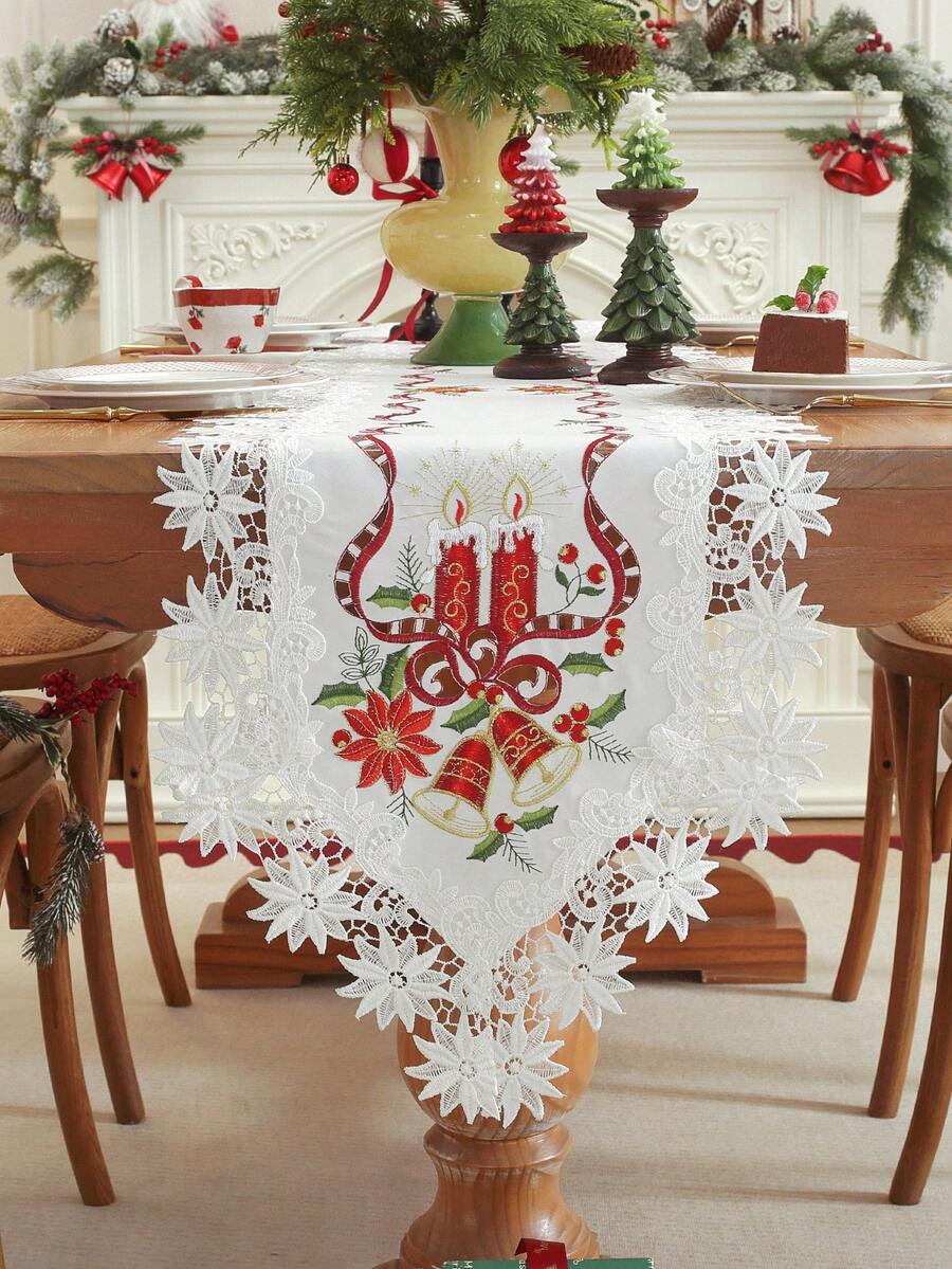 ABEST6522 Home&Living store Christmas Embroidered Lace Table Runner, Hollow Out Design, Candle Bell & Ribbon Pattern Table Flag, Festive Decor For Xmas Dinners & Family Parties
