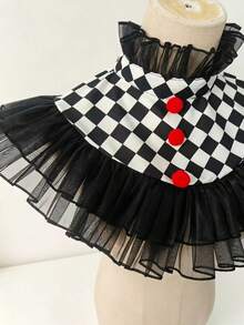 1 buah Kerah Tulle Berumbai Motif Kotak-kotak Hitam & Putih untuk Badut, Dapat Dilepas, dengan Pom-Pom Merah, Aksesori Leher untuk Kostum Pesta Halloween Dewasa - A - View 8