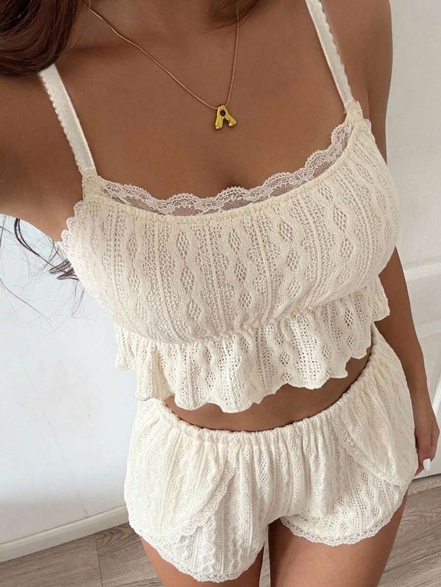 DAZY Sexy Hollow Out Spring Summer Autumn 2pcs Sleepwear Set Lace Trim Camisole & Shorts Women Loungewear - Beige - View 1