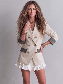 Women's Autumn/Winter Jacket With Printed Cuffs, Double-Breasted Design, Pockets, Elegant Fashion Commute And Daily Wear Blazer - Apricot - View 1