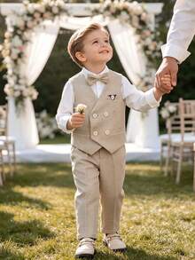 Young Boy Double-Breasted Vest Jacket + Pocket Long Pants + Exquisite Bow Tie Formal Suit Set - Khaki - View 2
