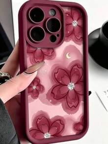 1pc Creative Personalized Burgundy Diamond Star Moon Floral Love Pattern Gift For Mother; Frosted Eye Frame Compatible With Apple 7/8/X/XR/XSMAX/11/12/13/14/15/16/17Promax - Burgundy - View 2