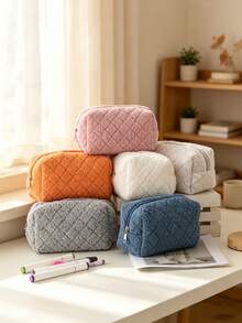 1pc Japanese Minimalist Soft Makeup Storage Bag, Solid Color Soft Fabric Cosmetic Bag Set, Casual Style Suitable For All Seasons, Women's Daily Travel Bathroom Toiletry Storage Bag, Home And Outdoor Universal - Multicolor - View 2