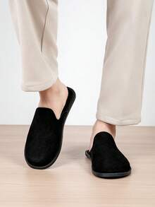 Men's Plus Size Suede Half-Slip-On Slippers, Minimalist Backless Design, Easy On/Off, Soft Upper, Snug Fit - Black - View 4