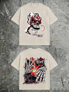 Double‑Sided Gothic Grunge Graphic Tee, Luchador Mask Skull Skeleton Hands Lightning, 180g Pure Cotton Oversized Short Sleeve Top For Men - 杏色2 - 查看 17