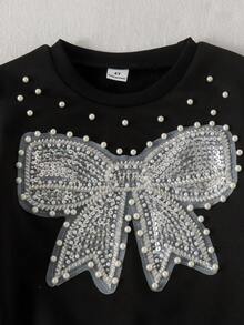 2pcs Young Girls Sweet & Cool Cute Beaded Sequin Bow Long Sleeve Sweatshirt With Solid Color Flared Pants Set, Spring/Autumn - Black - View 3