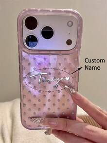 [Customized] Personalized Custom Letter Engraved Cute Shiny Sequin Star Pattern Phone Case, Compatible With IPhone 18 17 Pro Max 17 Pro 16 15 14 13 12 Pro Max 14 15 16 Plus, Shockproof Protective Shell - Pink - View 1