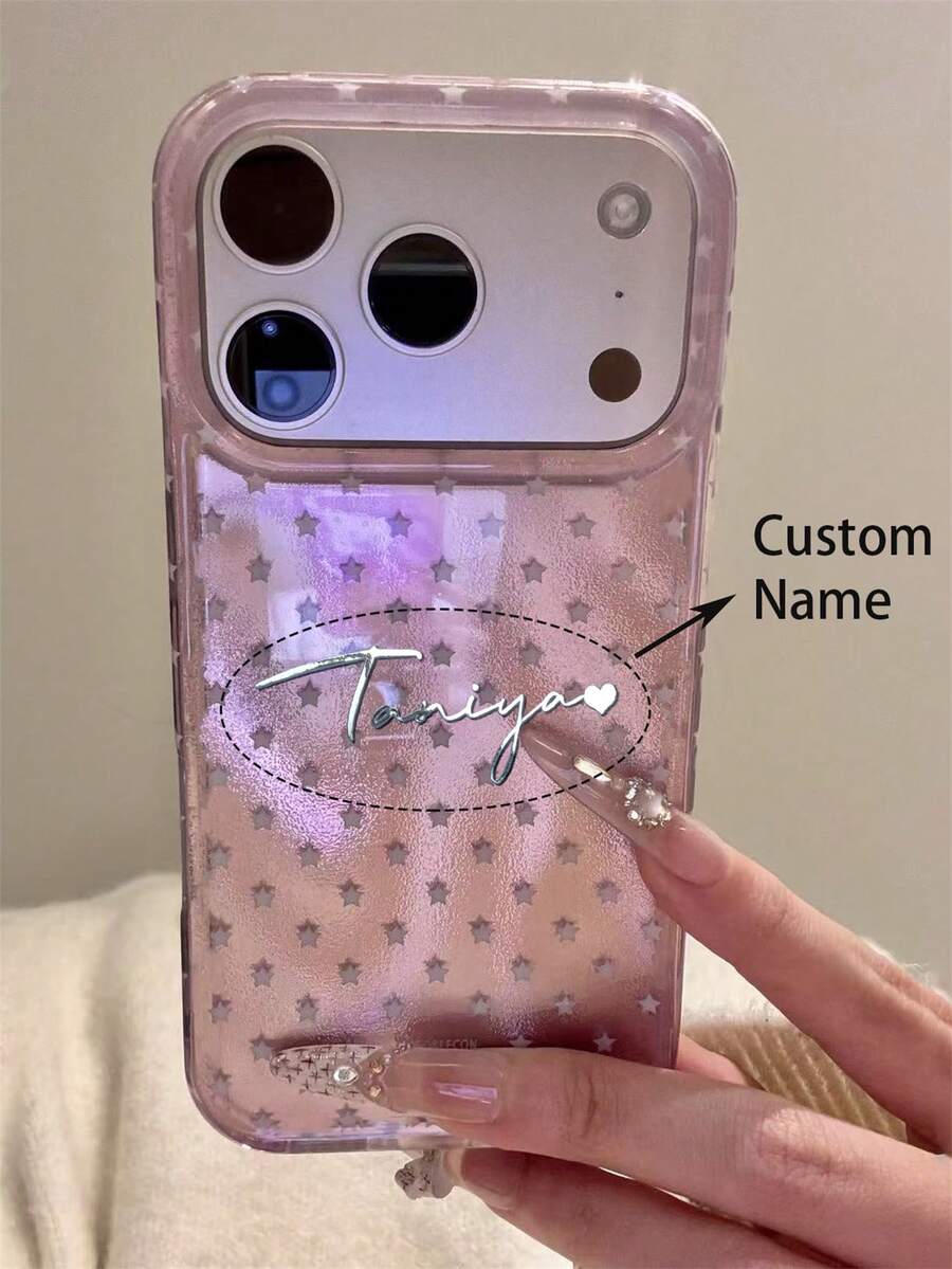 [Customized] Personalized Custom Letter Engraved Cute Shiny Sequin Star Pattern Phone Case, Compatible With IPhone 18 17 Pro Max 17 Pro 16 15 14 13 12 Pro Max 14 15 16 Plus, Shockproof Protective Shell - Pink - View 1