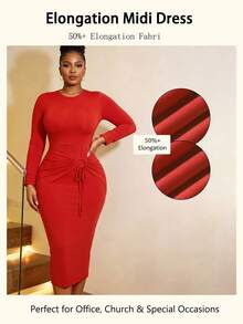 NOU Women's Mid-Length Basic Round Neck Fitted Long Sleeve Dress With Double Layer Cuffs, Ruched Drawstring Detail At Hips, Slim Waist And Bodycon Pencil Skirt Silhouette To Highlight S-Curve Figure - Red - View 8
