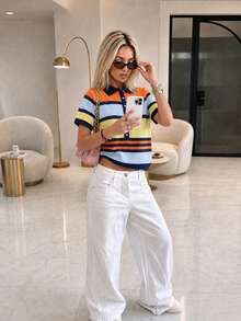 FOR BEAUTY Summer Y2K Women's Multi-Color Striped Knit Polo Top, Short Sleeve Front Button Ribbed Pullover, Preppy Casual Streetwear Style, Daily Wear - Orange and Blue - View 6