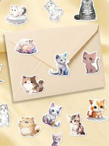 50Pcs Pale Hand‑Drawn Cat Journal Stickers, Low‑Saturation Watercolor Animal Patterns Of Lovely Kittens With Different Expressions And Gestures, Suitable For Scrapbook, Tumbler, Tablet, Suitcase, Pencil Box - Multicolor - View 7