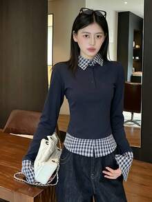 Polo Collar 2 In 1 Base Layer Top For Women, Designed Fashion Slim Fit - Navy Blue - View 4