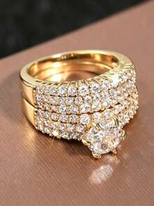 2pcs/Set Fashion Stackable Rings, Minimalist Luxury Cubic Zirconia Couple Rings, Versatile For Engagement, Wedding, Party And Daily Wear - Perfect Birthday, Anniversary Or Jewellery,Accessories - Gold - View 7