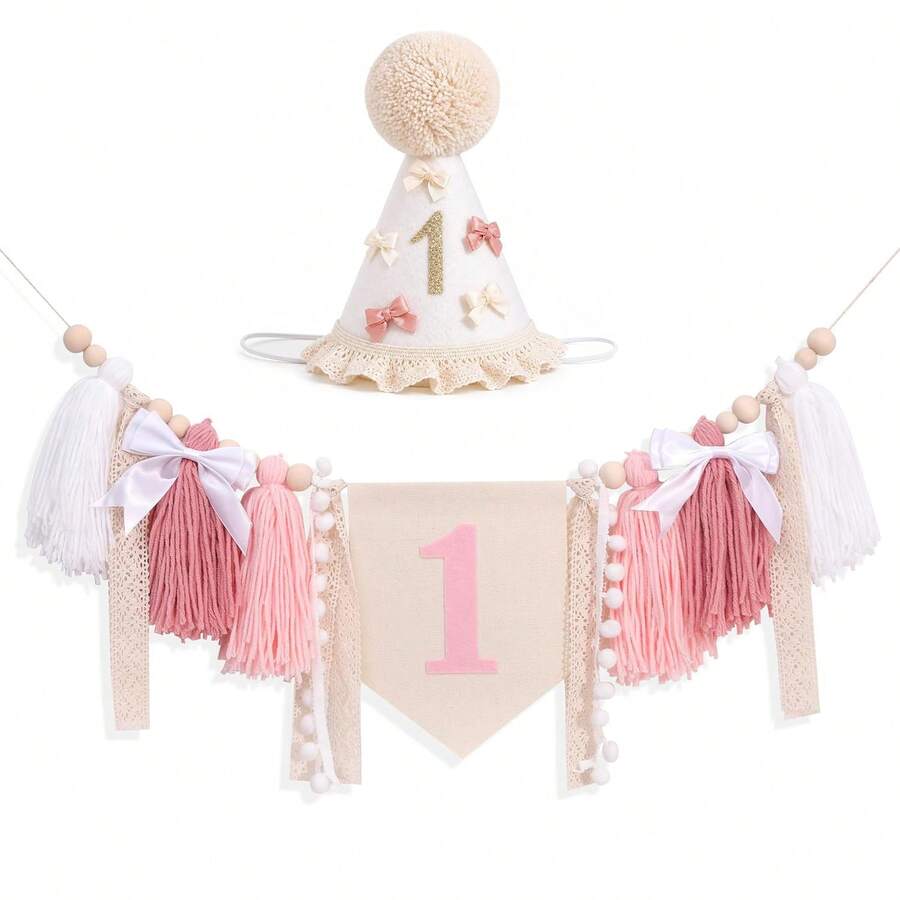 Bohemian Style Pink Theme Birthday Party Decoration Set, First Birthday Pink Lace Bow Tassel Banner, First Birthday Pink Bow Pom Pom Cone Hat, Suitable For Birthday Party - Multiple Styles - View 1