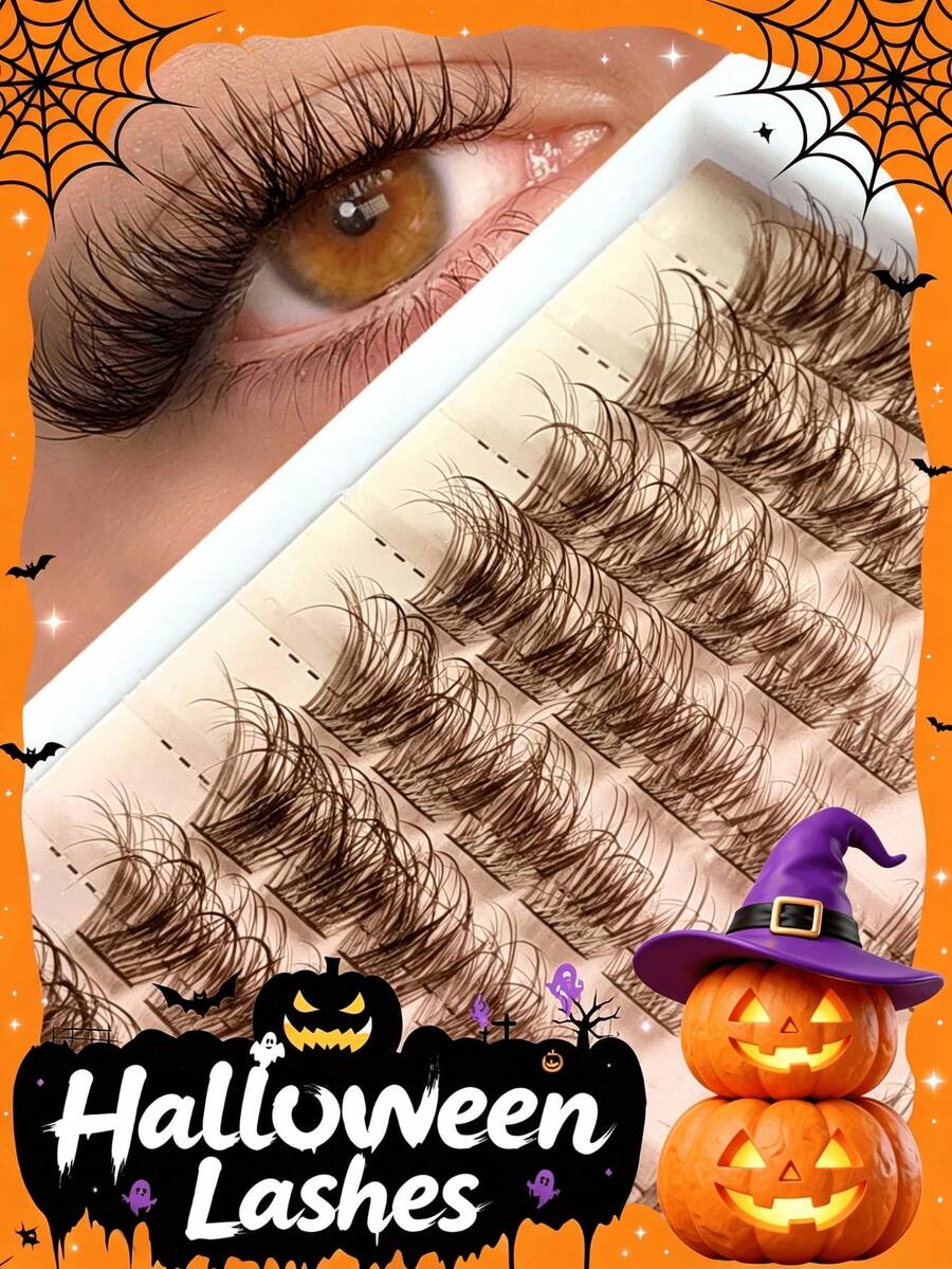 Rikuaild 80pcs Brown Wet Effect Cluster Cat Eye False Eyelashes, D-Curl Voluminous & Lengthening Natural Look, Suitable For Party, Travel, Daily Makeup,Halloween - D - View 1