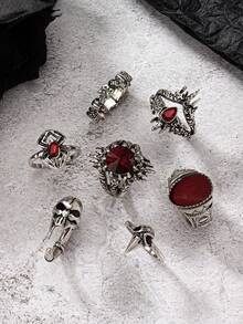 Set de 7 anillos de estilo gótico con diseños vintage de vampiro, cráneo de pájaro y araña (para mujeres) - Rojo - Ver 2