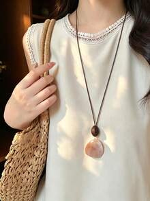 1pc Vintage Minimalist Faux Stone Long Sweater Necklace, Brown Wax Cord Layered Necklace - Multicolor - View 1