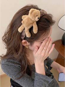 1pc Cartoon Checkered Plush T Bear Hairband, Versatile For All Occasions, Hair Tie To Hold Back Messy Hair, Wide-Edge Headband, Hair Accessory. - Multicolor - View 6