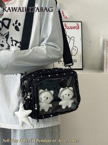 Japanese Style Cute Women's Polka Dot & Star Print Nylon Ita Bag, Multi-Pocket Transparent Crossbody Bag, Women's Handbag, Anime Shoulder Bag - Black - View 2