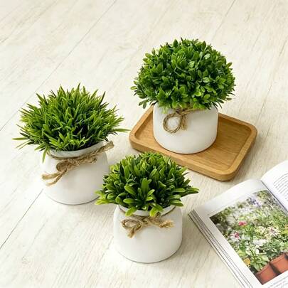 3/4pcs Mini Artificial Potted Plants, Faux Greenery Pot Decor, Artificial Grass Potted Plant Accessories, Creative Small Fake Plants, Realistic Mini Potted Flowers, Home Decor, Wedding Tabletop Display, Holiday Display And Holiday Gifts