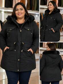 Casaco Parka de Sarja Plus Size Pelúcia Com Capuz Removível E ajuste Na Cintura E Bolsos  Casual    Jeans    Botão  Zíper    casaco feminina  Noite  Diário    inverno - Preto - Visão 1