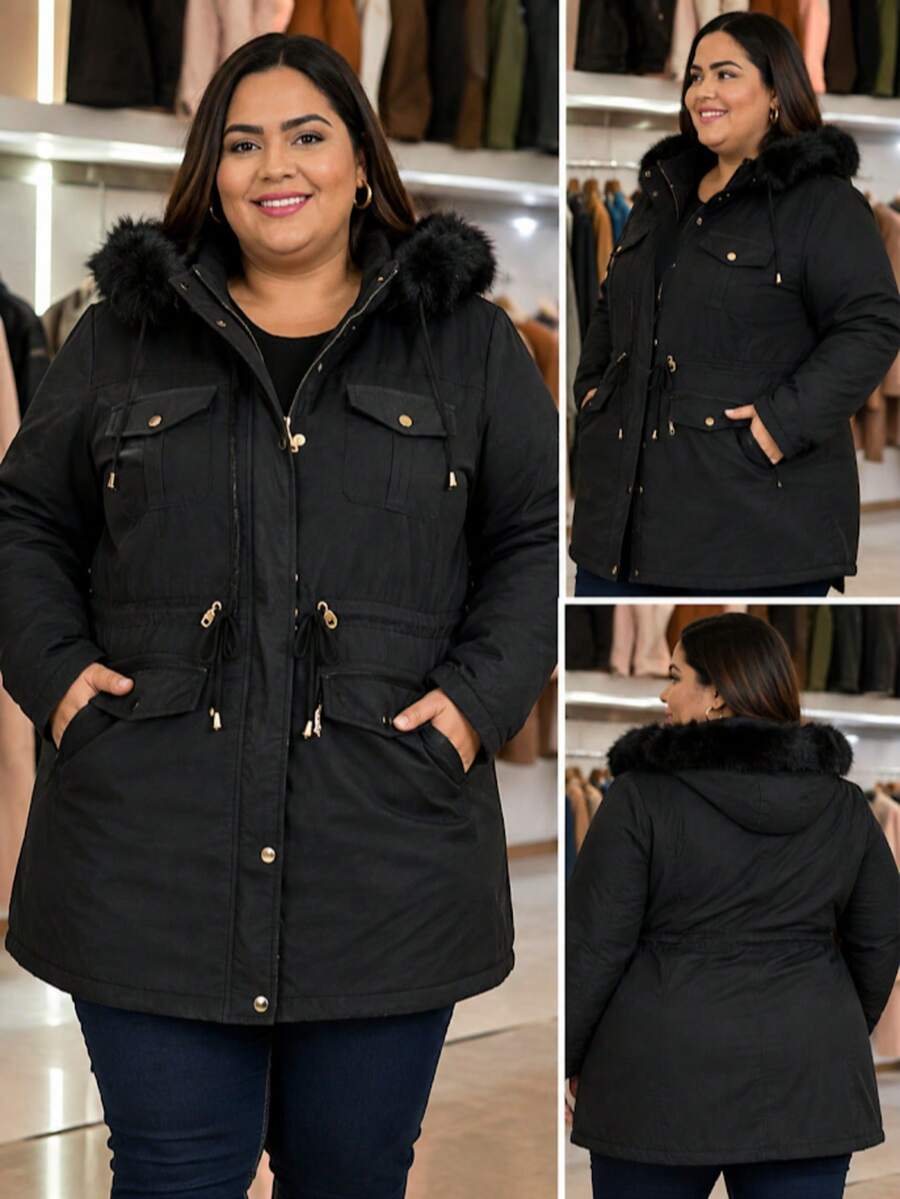 Casaco Parka de Sarja Plus Size Pelúcia Com Capuz Removível E ajuste Na Cintura E Bolsos  Casual    Jeans    Botão  Zíper    casaco feminina  Noite  Diário    inverno - Preto - Visão 1