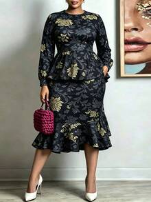 Setelan 2 Potong Ukuran Plus, Atasan Ruffle Motif Bunga + Rok Midi Ruffle Model Duyung, Menawan untuk Bentuk Tubuh Berlekuk, Dengan Saku yang Elegan - Royal Blue - View 2