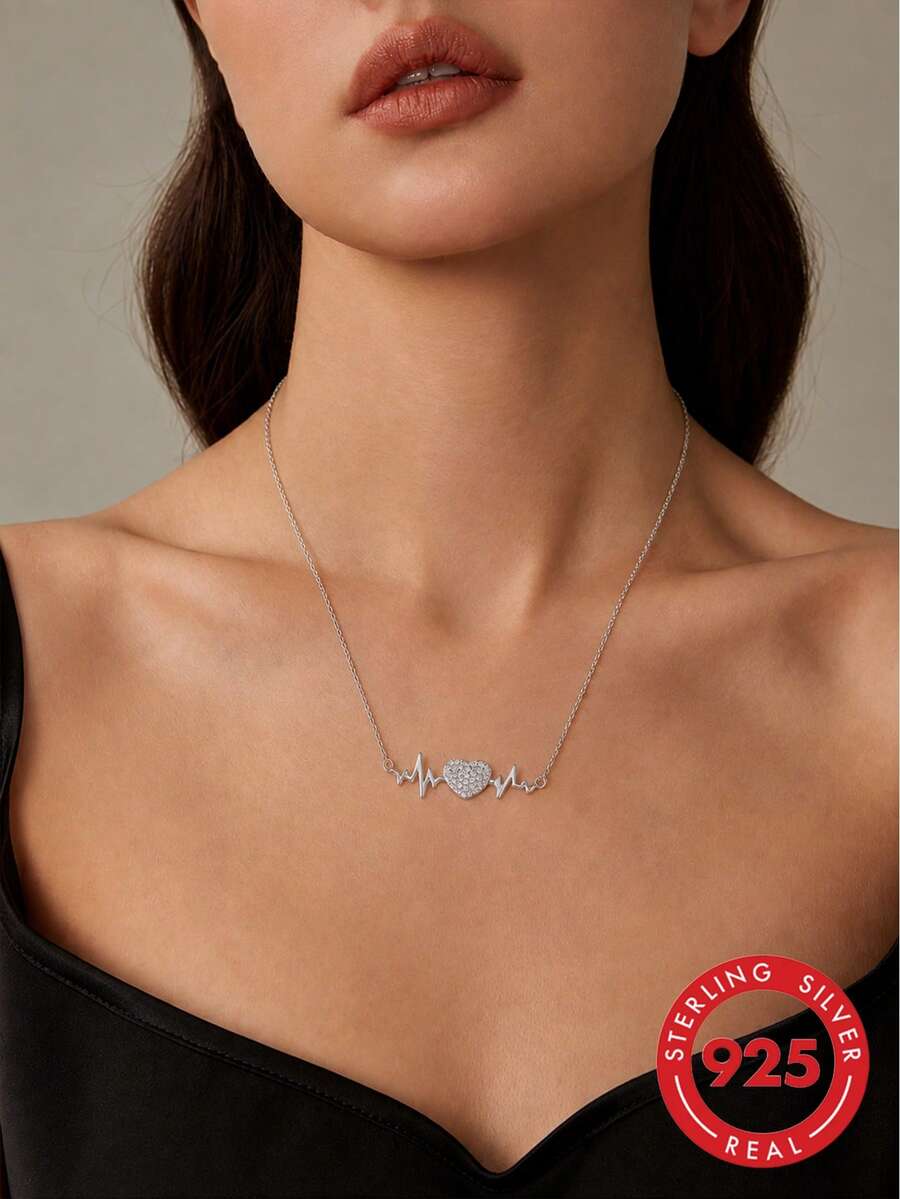 BRLINEY Sterling Silver Lifeline Pulse Heartbeat Charm Necklace For Women Love Jewelry Birthday Gift - Silver - View 1
