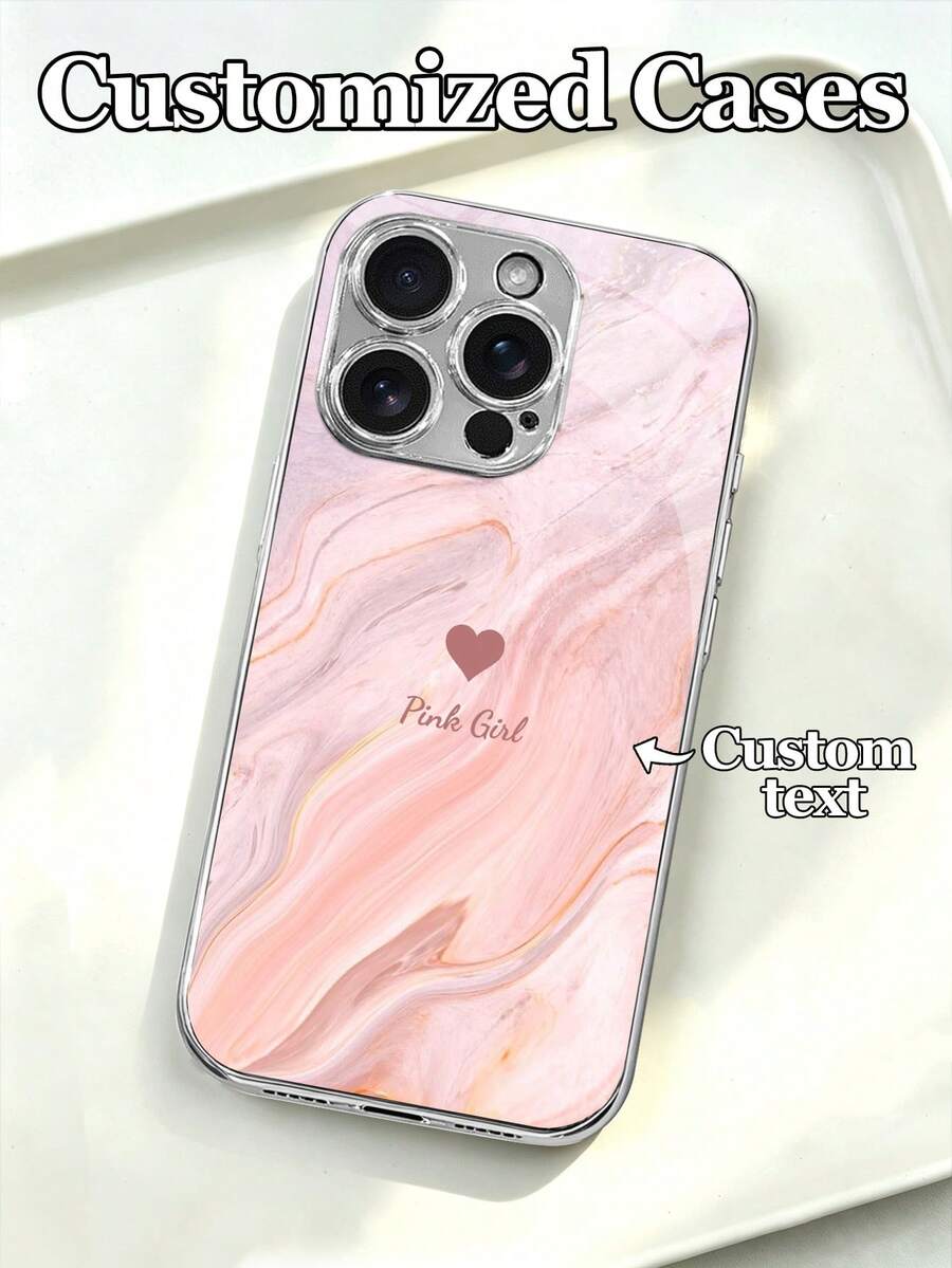 1 قطعة غطاء هاتف زجاجي مقسى مطلي بالكهرباء بتصميم قلب بنقشة رخامية ذهبية مائلة للوردي مع نص قابل للتخصيص، متوافق مع iPhone 17 Pro Max/17 Air/16/15/13/12/11/XS Max/678 Plus، تخصيص أعمال راقي، موضة فاخرة خفيفة، هدية عطلة، هدية عيد ميلاد، للأزواج والحيوانات الأليفة والأصدقاء والزملاء والأصدقاء المقربين والإخوة والعائلة، غطاء حماية بطباعة عالية الدقة - فضي - مشاهدة 1