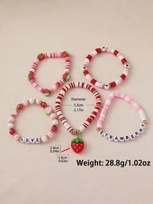 5pcs Bohemian Cute Sweet Pastoral Versatile Fashion Handmade Beaded Soft Clay, CCB, Letter, Strawberry Pendant, Layered, Elastic, Multi-Layer, Beaded Bracelet Set Suitable For Women Music Festival, Party, Bar, Large Gathering Perfect Gift, Gift For Friends And Family, All Seasons, Travel, Photography, Casual, Vacation Daily Wear - Multicolor - View 7