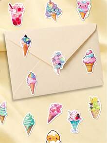 50Pcs Colorful Ice Cream Journal Stickers, Lovely Summer Dessert Cartoon Patterns Of Fruit‑Decorated Cones And Rainbow Sundaes, Suitable For Scrapbook, Tumbler, Tablet, Suitcase, Pencil Box - Multicolor - View 7
