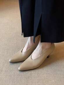 女款通勤啞光皮革一腳蹬樂福鞋，法式淺楦方頭復古粗跟奶奶鞋 - 卡其色 - 查看 2