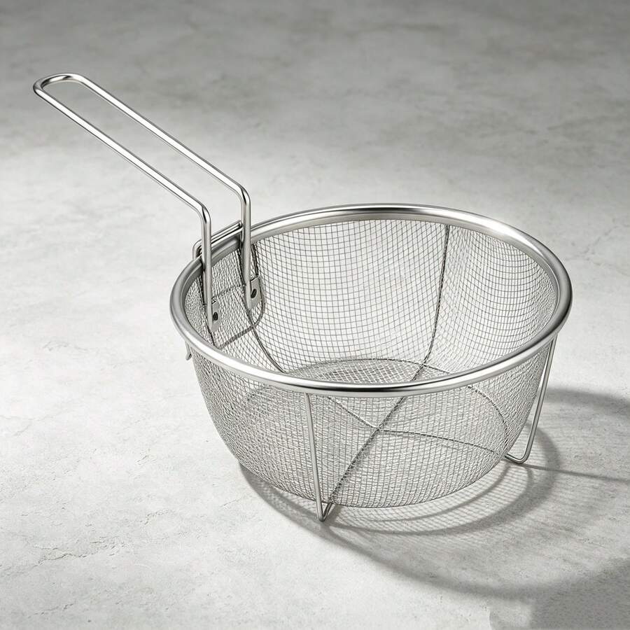 Practical Frying Basket Equipped With Folding Handle And Pan Hook, Durable Cookware Accessory For Home Frying Work - Silver - View 1