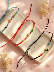 10pcs Colorful Daisy Beaded Adjustable Rope Bracelet Set, Bohemian Style Summer Handmade Woven Women's Daily Jewelry Gift - Small Flower Rice Bead Drawstring Bracelet - View 7