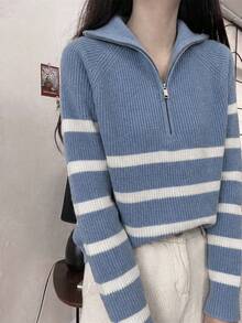 Women's Colorblock Striped Zip-Up Half Placket Lapel Long Sleeve Knit Sweater - Baby Blue - View 5