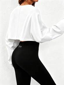 2pcs/Set Women's Solid Color Round Neck Long Sleeve Cropped Knit Pullover, Casual Fashion Sweatshirt - Black + White - View 2