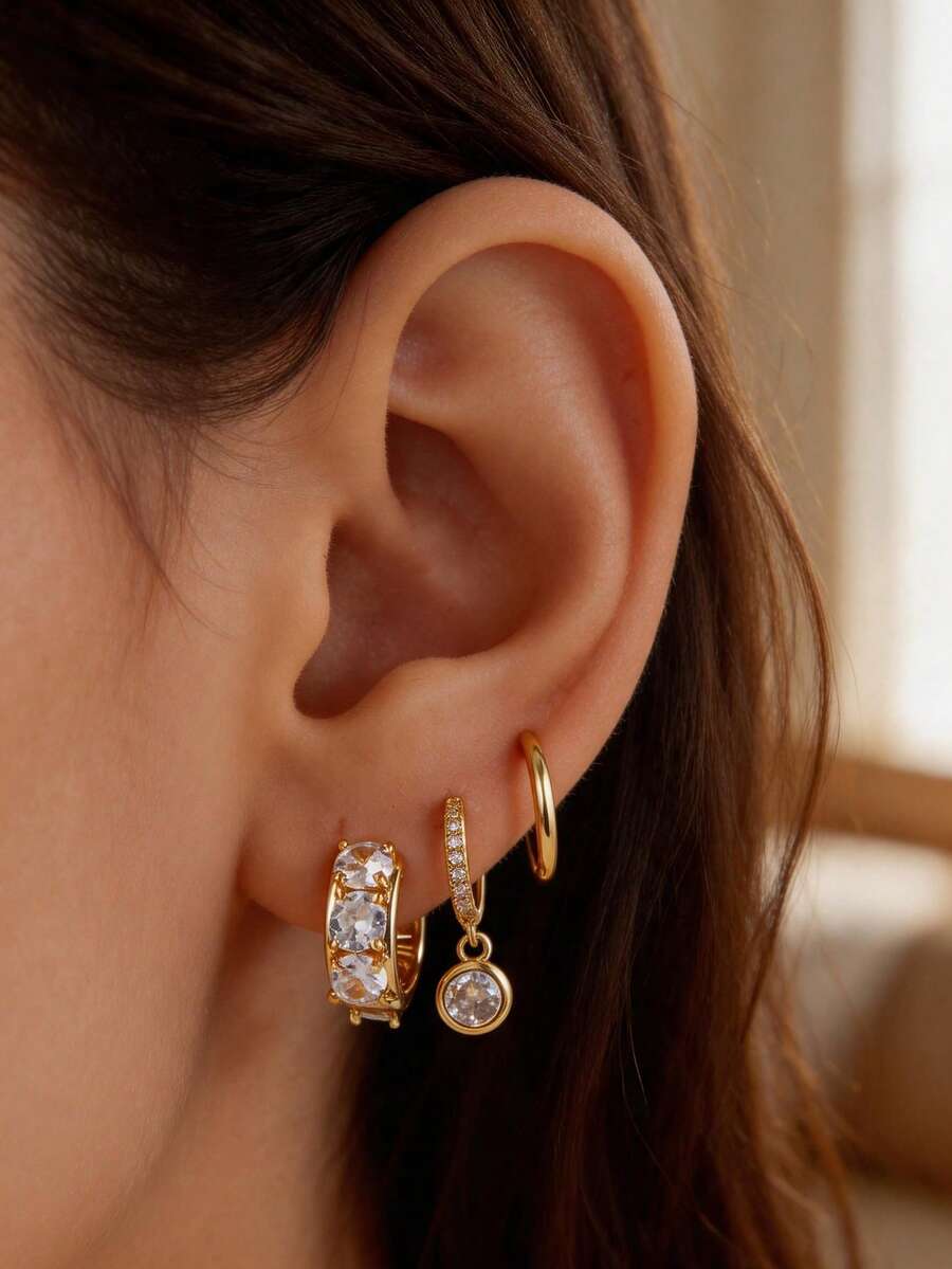 6pcs Personalized Fashion Charming Copper Electroplated 18K Gold Inlaid Cubic Zirconia Round Geometric Drop Earrings Set, Suitable For Women's Daily Wear Jewelry Accessories, Holiday Gift, Birthday Gift For Friends - Yellow Gold - View 1