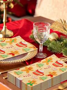20pcs/1pc Christmas Gingerbread Man Pattern Napkins, Holiday Party Napkins, Printed With Cute Gingerbread Man, Christmas Tree And Candy Cane, Suitable For Christmas, Autumn Gatherings And Family Parties - One Size Fits All - View 2