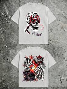 Luchador Mask Skull Graphic Tee, Double‑Sided Skeleton Hands Lightning Urban Grunge Art, 180g Pure Cotton Loose‑Fit Short Sleeve Top For Men - 灰色2 - 查看 15