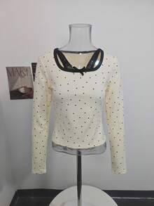 Women's Lace Patchwork 2 In 1 Long Sleeve T-Shirt, Bowknot Slim Fit Flattering Minimalist Sexy Base Layer Top - Apricot - View 6