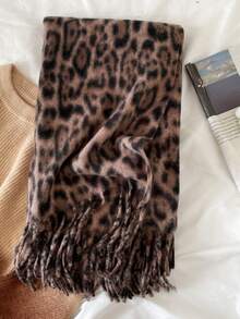 1PcVintage Leopard Print Tassel Scarf, Soft Imitation Cashmere Large Blanket Shawl, Women Autumn Winter Warm Fringe Wrap Scarf - Multicolor - View 5