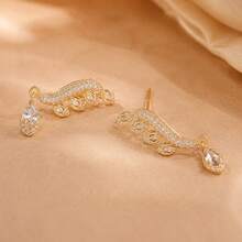Autumn 2pcs 925 Silver Plated Unique Personalized Elegant Sparkling Rhinestone Feather Shape Water Drop Ear Climber Ear Stud Earrings - Multicolor - View 8