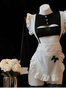 3pcs Maid Cosplay Costume Set, Ruffle Long Sleeve Top + Ruffle Apron Shorts Uniform Outfit, Bedroom Party Dress-Up Costume - Black and White - View 5