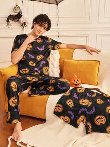 Notgurli 3 PiecesHalloween Loungewear Set – Bat & Pumpkin Prints; Fun, Comfortable, And Perfect For Everyday Lounging At Home House Party - Multicolor - View 3