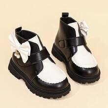 1 Pair Girls' Ankle Boots, Black And White Color Block, Scalloped Edge Stitching, White Bow With Pearl Pendant, Wide Hook And Loop Strap, Thick Textured Sole, Children's Boots, Suitable For Autumn/Winter, Daily, School, Party, Holiday Performance - Black and White - View 2
